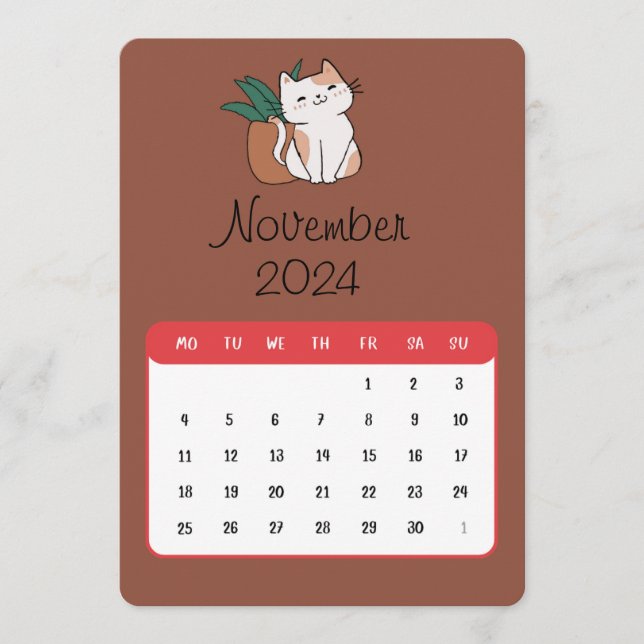 November 2024 Stand Alone Cat And Plant Calendar Menu (Front)