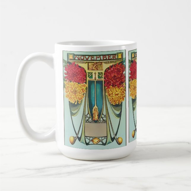 November Art Nouveau style with mums, yellow topaz Coffee Mug (Left)