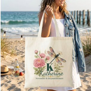 November Birth Flower Chrysanthemum & Dragonfly Tote Bag