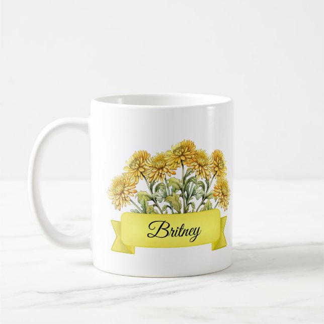 November Birth Flower Custom Chrysanthemum  Coffee Mug (Left)