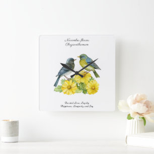 November Birth Month Flower Chrysanthemum Birds Square Wall Clock