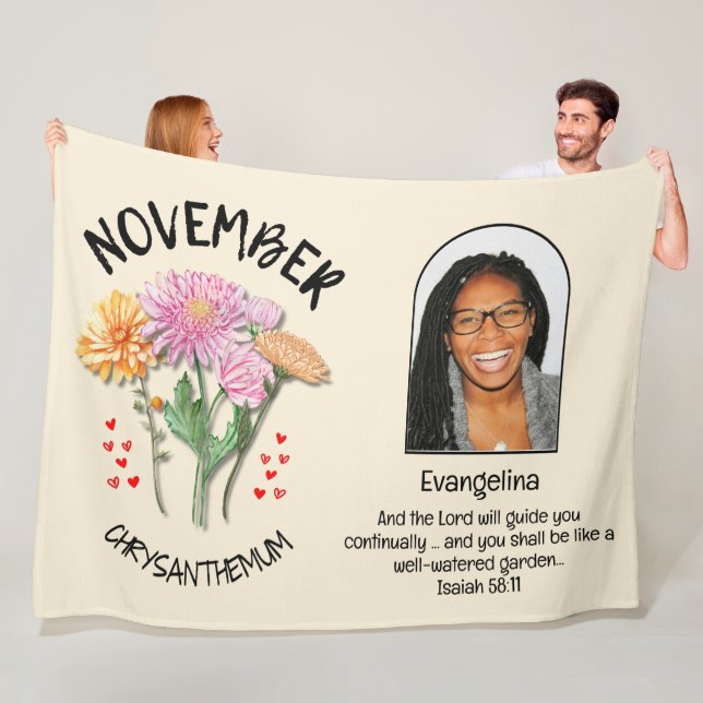 NOVEMBER Birth Month Flower NAME PHOTO Christian Fleece Blanket (In Situ)