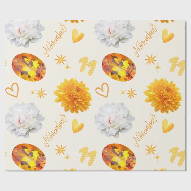 November Birthstone & Flower | Citrine & Chrysanth Wrapping Paper (Flat)