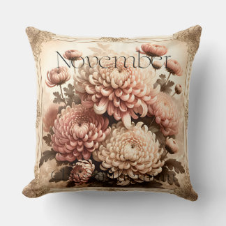 November Chrysanthemum Vintage Floral Birth  Cushion