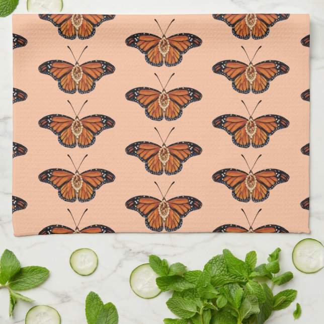 November Citrine Monarch Butterfly Pattern Design Tea Towel (Folded)