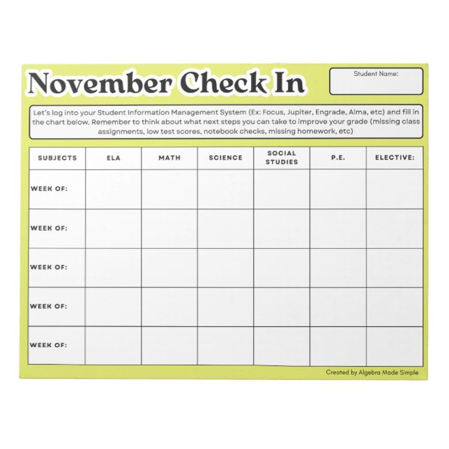 November Student Check In Weekly Grade Progress Notepad (Front)