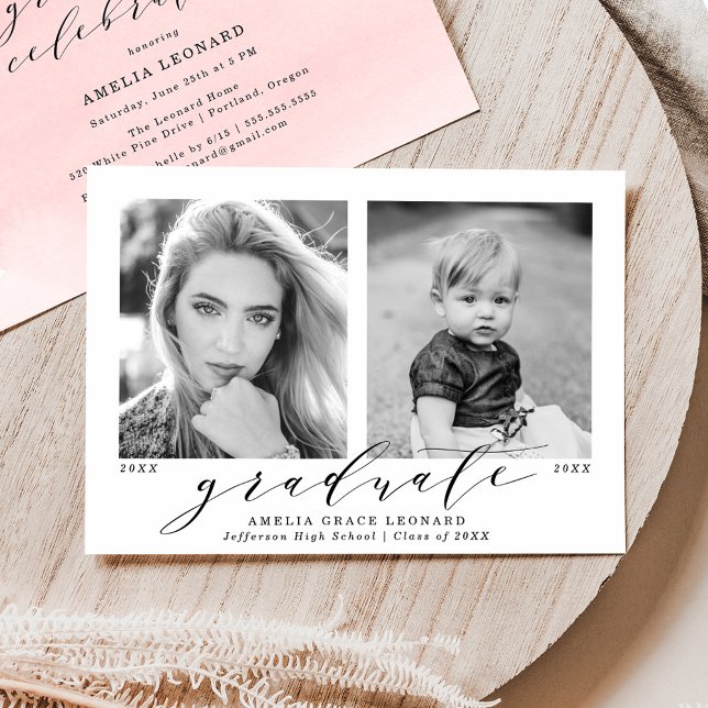Now and Then Pink Photo Graduation Party Invitation (Creator Uploaded)