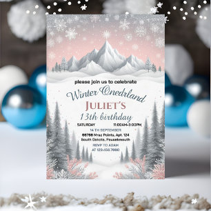 now blue girl snow Winter Onederland 13th birthday Invitation