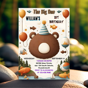 Now Brown Fun Fish Boy Cute Baby Bear 1st Birthday Invitation