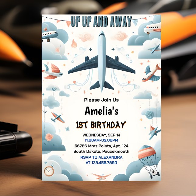 Now Cloud 9 Fly Cute Sky Joy Aeroplane 1st Birthda Invitation (Creator Uploaded)