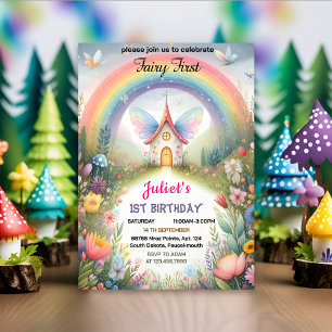 now cute Floral Pink girl fairy first 1st birthday Invitation