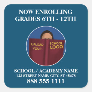 Now Enrolling Modern Blue School Logo Promotional Square Sticker