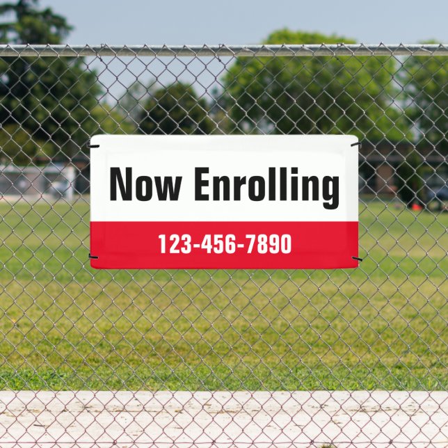 Now Enrolling Red Black White School Phone Number Banner (Insitu)