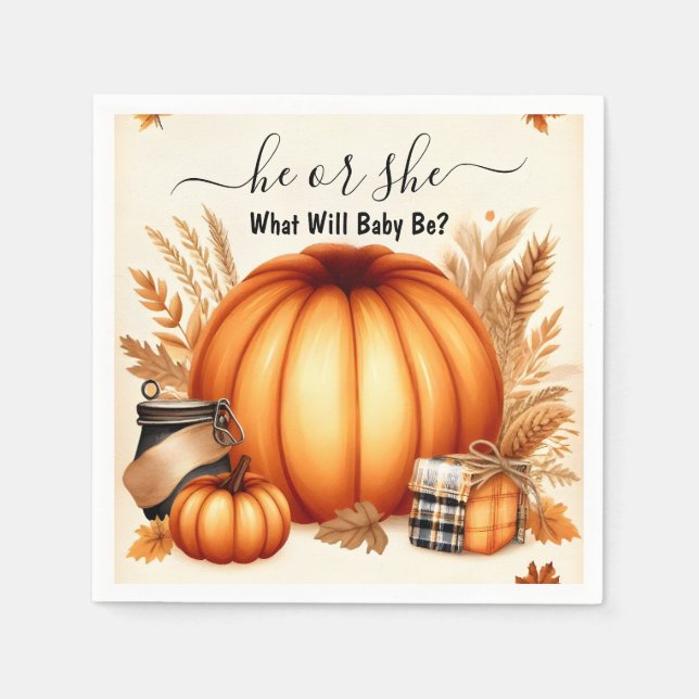 Now Farm Pink Blue Fall Girl Pumpkin Gender Reveal Napkin (Front)