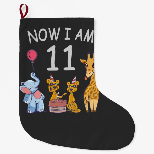 Now I am 11 years old 11th Birthday at the Zoo Large Christmas Stocking (Front)