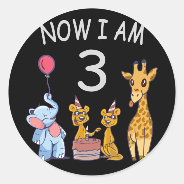 Now I am 3 year old 3rd Birthday at the Zoo Classic Round Sticker (Front)
