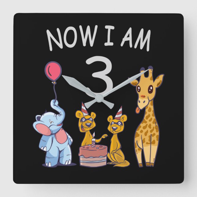 Now I am 3 year old 3rd Birthday at the Zoo Square Wall Clock (Front)