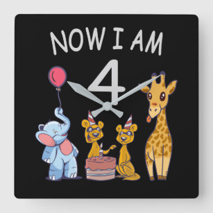 Now I am 4 year old 4th Birthday at the Zoo Square Wall Clock