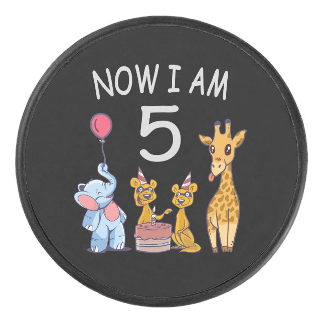 Now I am 5 years old 5th Birthday at the Zoo Hockey Puck (Front)