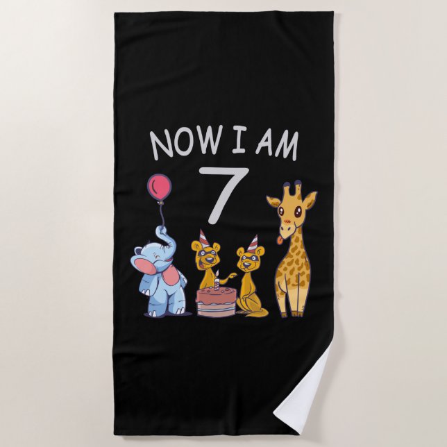 Now I am 7 years old 7th Birthday at the Zoo Beach Towel (Front)