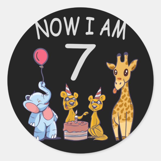 Now I am 7 years old 7th Birthday at the Zoo Classic Round Sticker (Front)