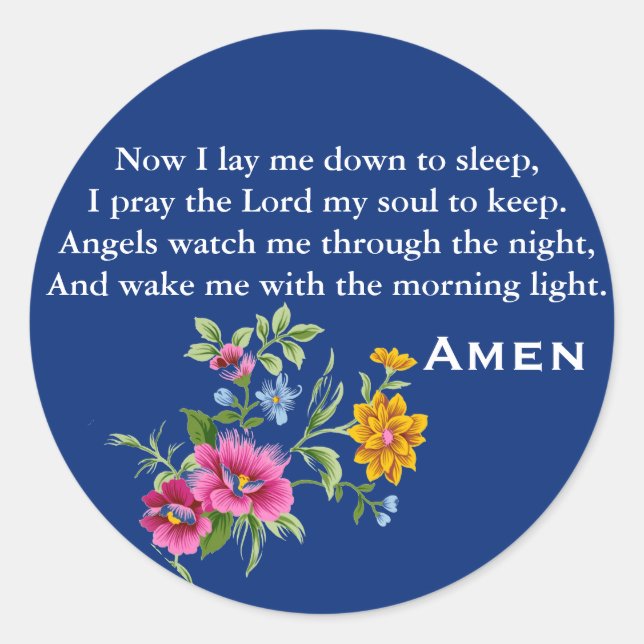 Now I Lay Me Down To Sleep White Blue Background Classic Round Sticker (Front)