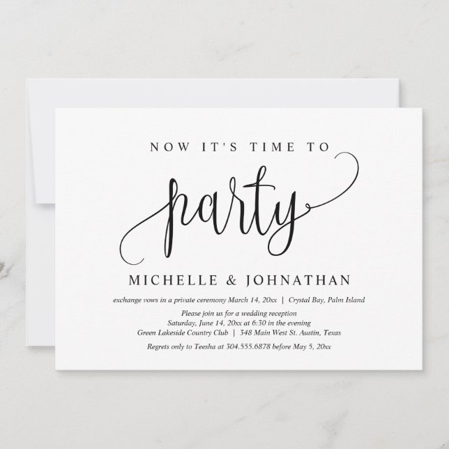 Now it's Time To Party, Post Wedding Elopement Invitation (Front)