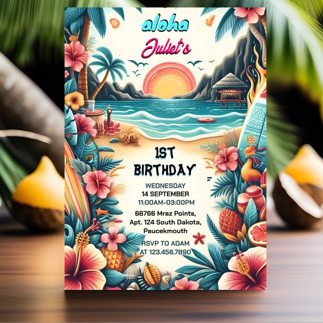 Now Joy hula Luau Surf aloha hawaiian 1st birthday Invitation (Creator Uploaded)