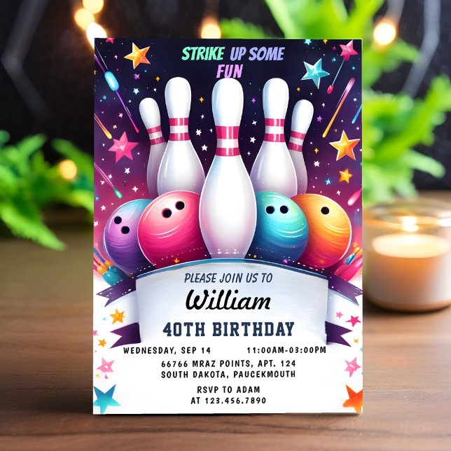 Now Neon Boy Kids Team Event Bowling 40th Birthday Invitation (Creator Uploaded)