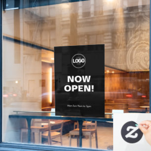 Now Open Black Window Cling With Logo