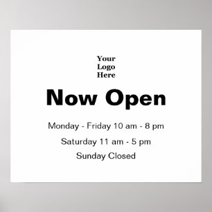 Now Open Business Logo and Hours White Poster