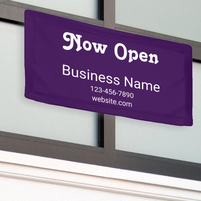 Now Open Business Name Phone Website Purple Banner (Outside Building)