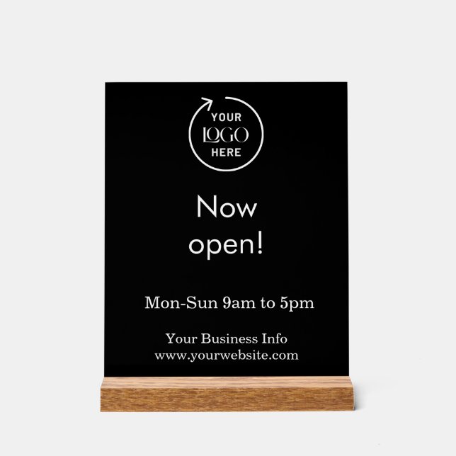 Now Open | Business Opening Times Black Logo  Acrylic Sign (Front)