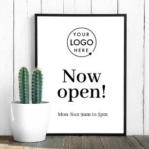 Now Open   Business Opening Times Logo White Poster