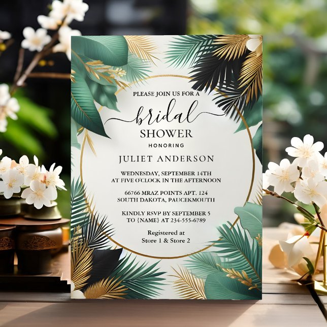Now Palm Tree Beach Green And Gold Bridal Shower Invitation (Creator Uploaded)