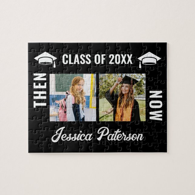 Now Then Graduation Milestone Photo Party Black Jigsaw Puzzle (Horizontal)