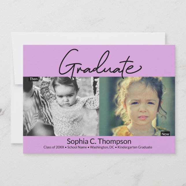 Now Then Purple Kindergarten girl Graduate Photo Announcement (Front)