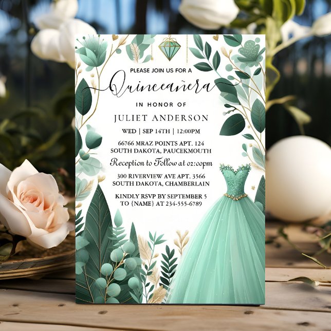 Now Trees Gold Mint Glam Emerald Green Quinceanera Invitation (Creator Uploaded)