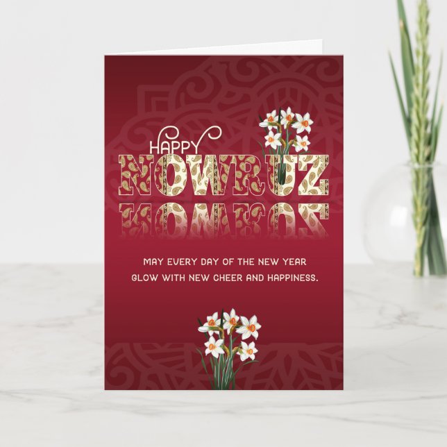 NOWRUZ Persian New Year Paisley Lettering Daffodil Holiday Card (Front)