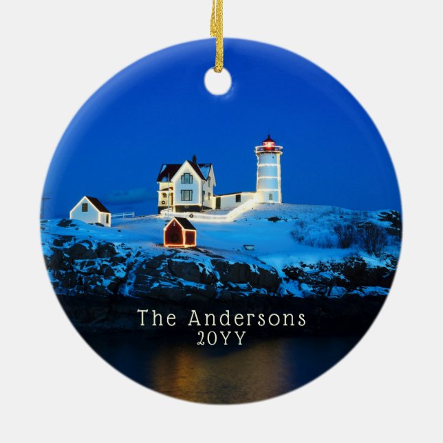 Nubble Holiday Lights Famly Lighthouse Ceramic Ornament (Back)