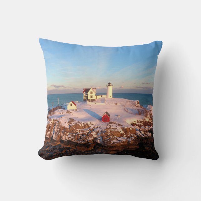 Nubble Light Aerial Snowy Maine Lighthouse Cushion (Front)