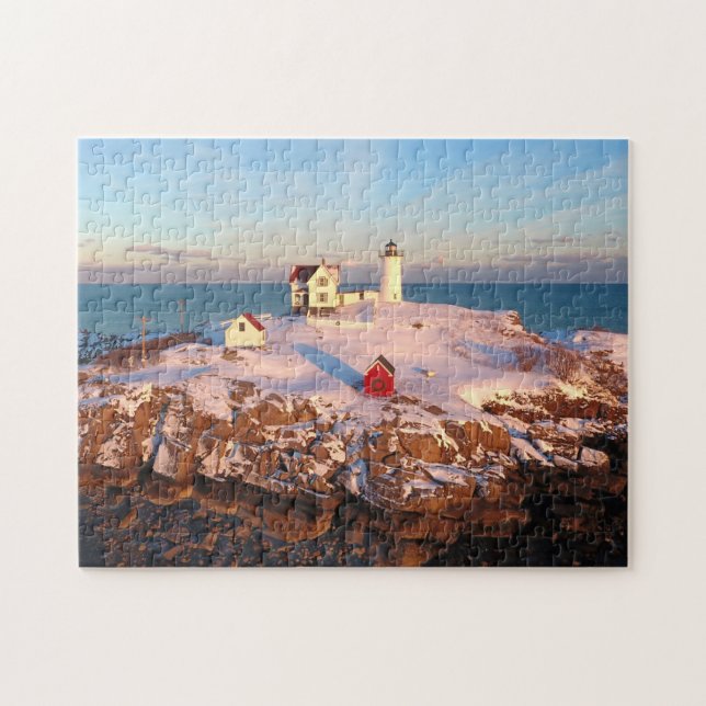 Nubble Light Aerial Snowy Maine Lighthouse Jigsaw Puzzle (Horizontal)