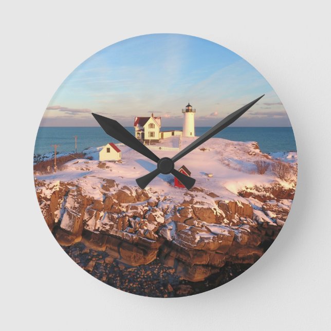 Nubble Light Aerial Snowy Maine Lighthouse Round Clock (Front)