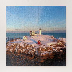 Nubble Light Aerial Snowy York Maine Lighthouse Jigsaw Puzzle