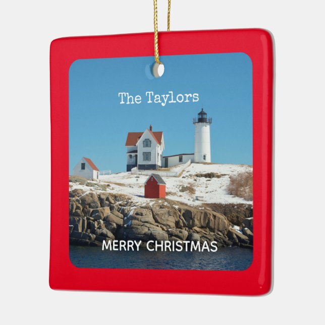 Nubble Light Red Coastal Maine Lighthouse Ceramic Ornament (Left)
