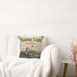 Nubble Light York Maine Vintage Coastal Cushion