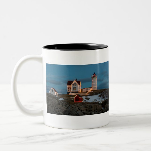 Nubble lighthouse at Christmas Two-Tone Coffee Mug (Left)