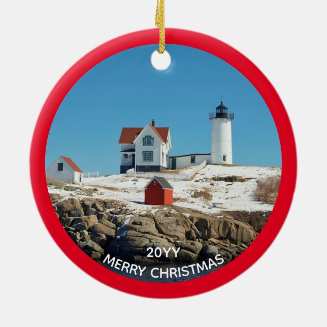 Nubble Red Year Atlantic Ocean Maine Lighthouse Ceramic Ornament (Back)