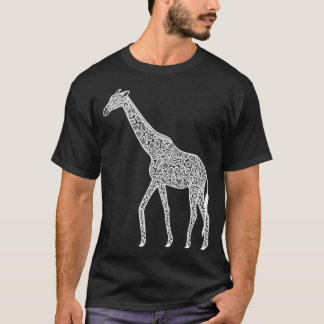Nubian Giraffe hand drawn animal ink art on black T-Shirt