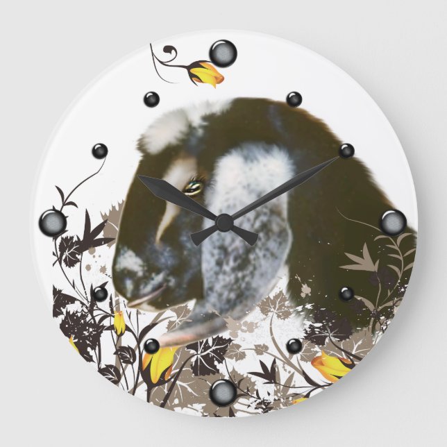 Nubian Goat Portrait Painting Floral  Wall Clock (Front)